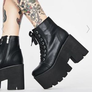 Dolls Kill Black Lace Up Super Platform Black Ankle Boots